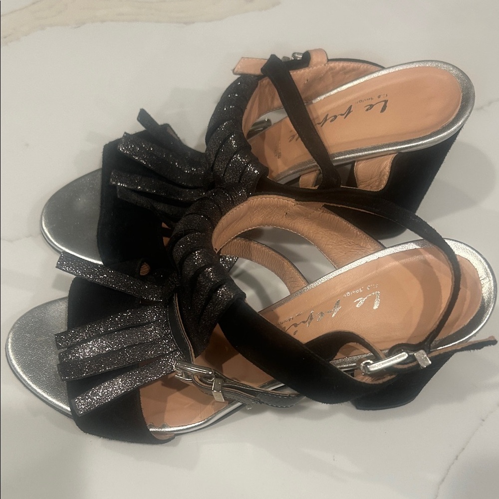 Italian Black and Silver Women's high heel dressy sandals - Picture 2 of 4